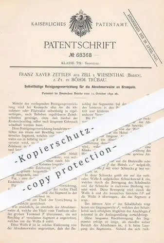 original Patent - Franz Xaver Zettler , Zell / Wiesenthal | Trübau / Böhmen , 1892 , Reinigung der Walze an Krempel !!