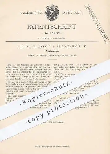 original Patent - Louis Colassot , Francheville , 1881 , Regulierwaage | Waage , Waagen , Wiegen , Gewicht !!