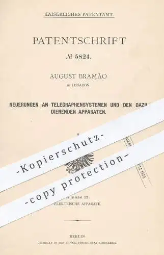 original Patent - August Bramão , Lissabon , 1878 , Telegraphen - System | Telegraph , Telegraphie , telegraphy , Strom