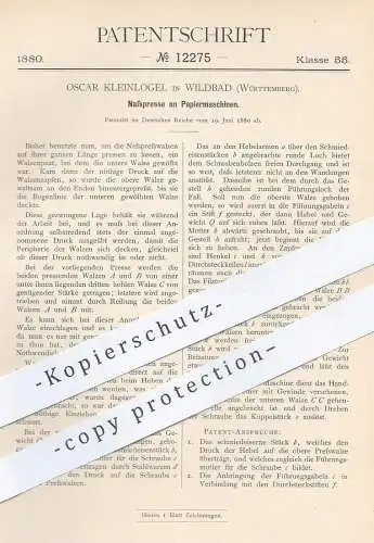 original Patent - Oscar Kleinlogel , Wildbad / Württemberg 1880 , Nasspresse an Papiermaschine | Papier , Presse , Pappe