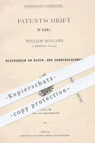 original Patent - William Hoyland , Penistone , England , 1878 , Regenschirm , Sonnenschirm | Schirm , Schirmgestell !!