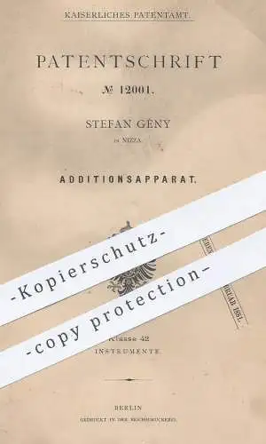 original Patent - Stefan Gény , Nizza , 1880 , Additionsapparat | Addition , Rechner , Taschenrechner , Kasse , Schule !