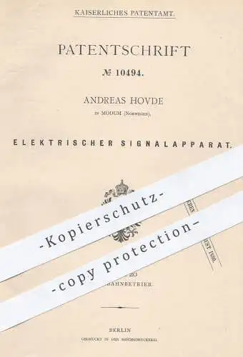 original Patent - Andreas Hovde , Modum , Norwegen , 1879 , Elektrisches Eisenbahn - Signal | Glocke , Lokomotive , Zug