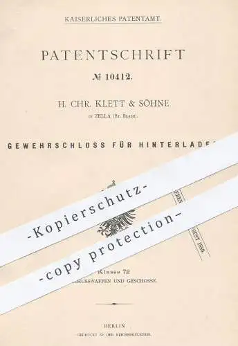 original Patent - H. Chr. Klett & Söhne , Zella / Mehlis , St. Blash , Gewehrschloss für Hinterlader - Gewehr | Waffen !