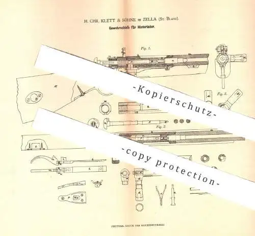 original Patent - H. Chr. Klett & Söhne , Zella / Mehlis , St. Blash , Gewehrschloss für Hinterlader - Gewehr | Waffen !