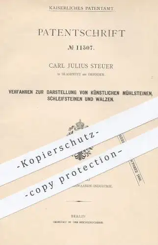 original Patent - Carl Julius Steuer , Blasewitz / Dresden 1880 , Darst. künstlicher Mühlsteine , Schleifsteine , Walzen