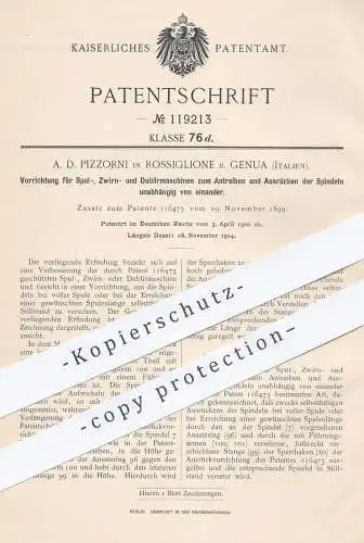 original Patent - A. D. Pizzorni , Rossiglione , Genua , Italien , 1900 , Spulmaschine , Zwirnmaschine , Dubliermaschine