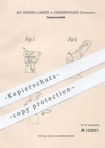 original Patent - Alf Sinding Larsen , Fredriksvaern , Norwegen , 1900 , Flaschenverschluss | Verschluss für Flaschen