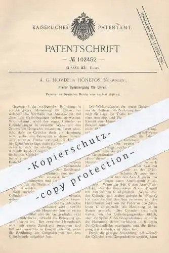 original Patent - A. G. Hovde , Hönefos , Norwegen , 1898 , Freier Zylindergang für Uhren | Uhr , Uhrmacher , Uhrwerk !