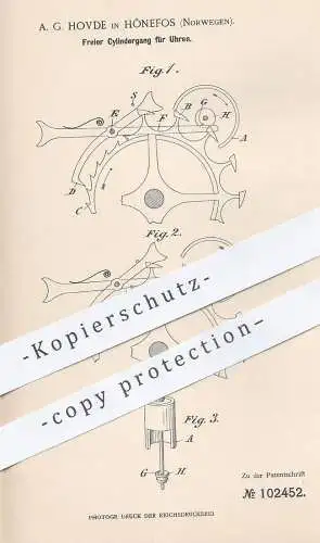 original Patent - A. G. Hovde , Hönefos , Norwegen , 1898 , Freier Zylindergang für Uhren | Uhr , Uhrmacher , Uhrwerk !