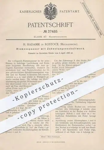 original Patent - H. Hadamik  , Rostock / Mecklenburg , 1886 , Riemenspanner mit Zahnstangenschaltwerk | Motor