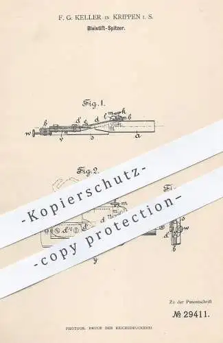 original Patent - F. G. Keller , Krippen  1884 , Bleistift - Spitzer |  Bleistiftspitzer , Anspitzer , Schule , Zeichnen