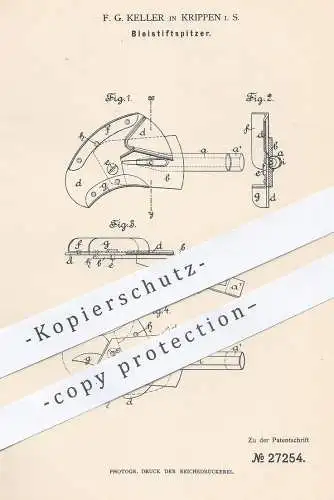 original Patent - F. G. Keller , Krippen 1883 , Bleistiftspitzer | Bleistift - Anspitzer | Schule , Schreiben , Zeichnen