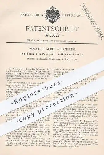 original Patent - Emanuel Stauber , Hamburg , 1891 , Pressen von Brennstoff , Dung , Torf , Holz , Ton in Ziegelform