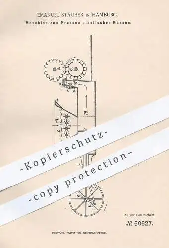 original Patent - Emanuel Stauber , Hamburg , 1891 , Pressen von Brennstoff , Dung , Torf , Holz , Ton in Ziegelform