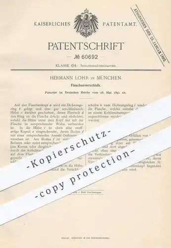 original Patent - Hermann Lohr , München , 1891 , Flaschenverschluss | Verschluss für Flasche , Flaschen | Korken !!!