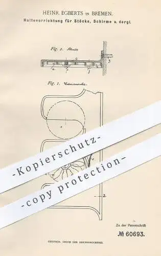 original Patent - Heinr. Egberts , Bremen , 1891 , Halterung für Stock , Schirm , Regenschirm | Garderobe , Haken !!