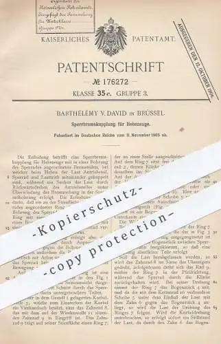 original Patent - Barthélémy V. David , Brüssel  1905 , Sperrbremskupplung für Hebezeug | Bremskupplung | Aufzug , Winde