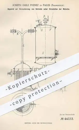 original Patent - Joseph Emile Prenez , Paris Frankreich  1888 , Verzuckerung von Getreide durch Zirkulation der Maische