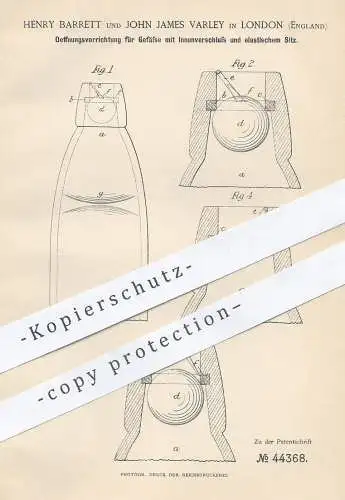 original Patent - Henry Barrett , John James Varley , London , England , 1887 , Öffnung von Flaschen mit Innenverschluss