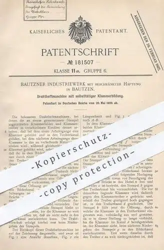 original Patent - Bautzner Industriewerk mbH , Bautzen , 1906 , Drahtheftmaschine | Heftmaschine | Klammer , Heftklammer