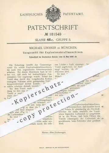 original Patent - Michael Linsner , München , 1906 , Saugventil für Explosionskraftmaschinen | Gasmotor | Gas - Motor !