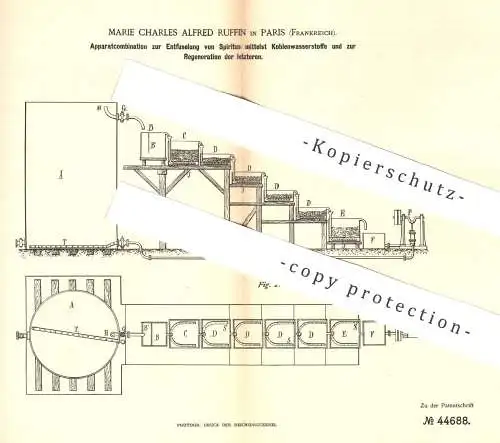 original Patent - Marie Charles Alfred Ruffin , Paris Frankreich , 1888 , Apparat zur Entfuselung von Spiritus | Alkohol