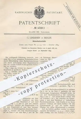 original Patent - G. Lindener , Berlin , 1887 , Sicherheitsschloss | Schloss mit Buchstaben - Code | Schlosser !!!