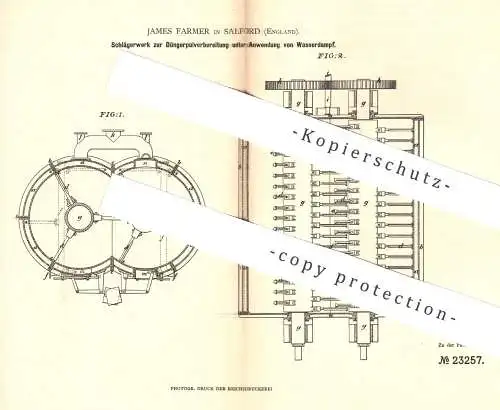 original Patent - James Farmer , Salford , England , 1882 , Schlägerwerk zur Düngerverbreitung per Wasserdampf | Dünger