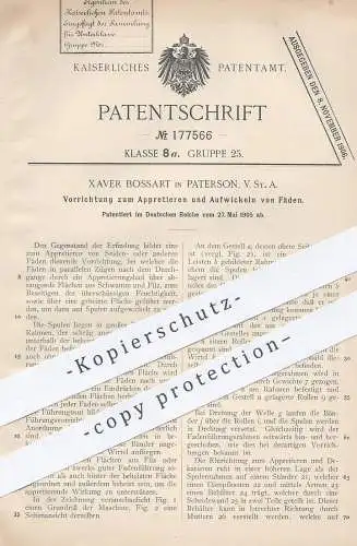 original Patent - Xaver Bossart , Paterson , USA , 1905 , Appretieren und Aufwickeln von Fäden | Faden , Garn , Filz !!