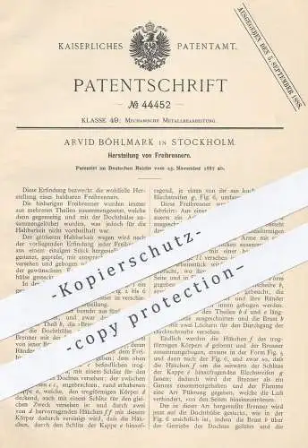 original Patent - Arvid Böhlmark , Stockholm , Schweden , 1887 , Freibrenner | Brenner , Metall !!