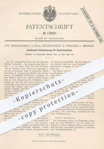 original Patent - Engelhardt & Förster , Bremen , 1882 , Auslösende Ventilsteuerung für Dampfmaschinen | Dampfmaschine