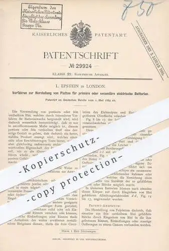 original Patent - L. Epstein , London , 1884 , Platten für primäre o. sekundäre elektrische Batterien | Batterie !!!