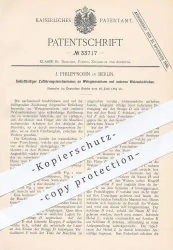 original Patent - J. Philippsohn , Berlin , 1885 , Zuführung an Wringmaschinen , Walzwerk | Walzen , Mangel , Wäsche !