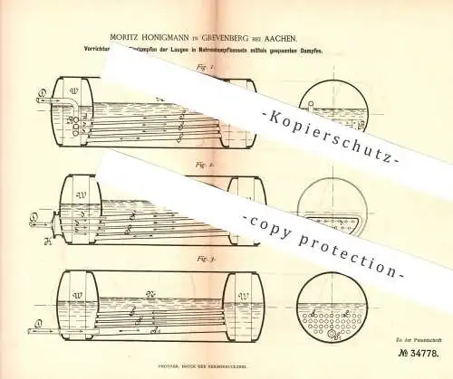 original Patent - Moritz Honigmann , Grevenberg / Aachen , 1885 , Eindampfen der Laugen im Natron - Dampfkessel | Kessel