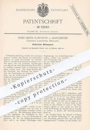 original Patent - John Smith Raworth , Manchester , Lancaster , England , 1885 , Elektrischer Messapparat | Strom