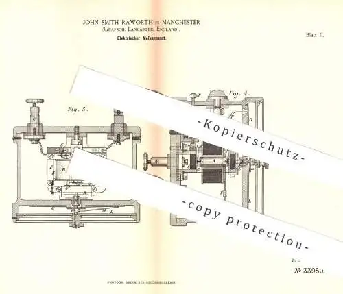 original Patent - John Smith Raworth , Manchester , Lancaster , England , 1885 , Elektrischer Messapparat | Strom