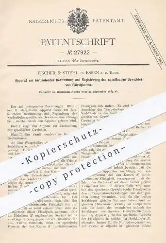 original Patent - Fischer & Stiehl , Essen / Ruhr , 1883 , spezifisches Gewicht von Flüssigkeiten | Waage !!!