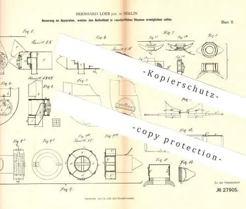 original Patent - Bernhard Loeb , Berlin , 1883 , Schutz in mit Rauch u. Qualm gefüllten Räumen | Atemmaske , Gasmaske