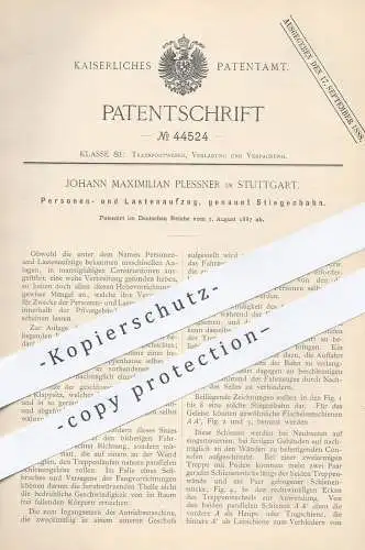 original Patent - Johann Maximilian Plessner , Stuttgart , 1887 , Personenaufzug , Lastenaufzug , Stiegenbahn | Aufzug