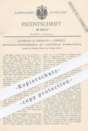 original Patent - Auerbach & Eisermann , Chemnitz , 1886 , Kartonecken - Schließmaschine | Karton , Pappe , Schachtel !!