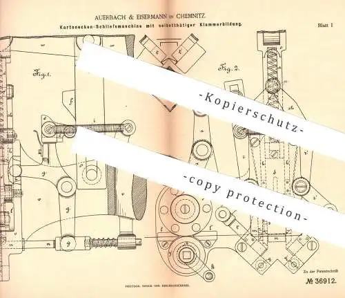 original Patent - Auerbach & Eisermann , Chemnitz , 1886 , Kartonecken - Schließmaschine | Karton , Pappe , Schachtel !!