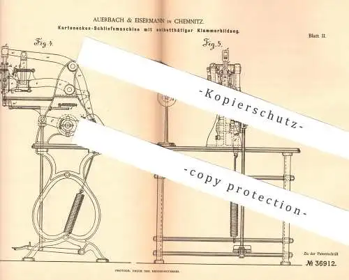 original Patent - Auerbach & Eisermann , Chemnitz , 1886 , Kartonecken - Schließmaschine | Karton , Pappe , Schachtel !!