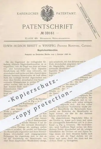 original Patent - Edwin Hudson Bissett , Winnipeg , Manitoba , Kanada , 1886 , Nagel - Schneidmaschine | Nägel , Metall