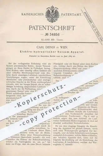 original Patent - Carl Diener , Wien , 1885 , Elektro-hydraulischer Vakuum - Apparat | Hydraulik , Pneumatik , Strom !!!