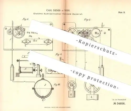 original Patent - Carl Diener , Wien , 1885 , Elektro-hydraulischer Vakuum - Apparat | Hydraulik , Pneumatik , Strom !!!