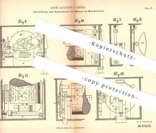 original Patent - Louis Augustin , Leipzig  1886 , Auswechseln der Walzen am Musikwerk | Musik , Musikinstrument , Walze