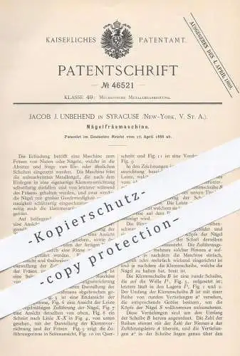 original Patent - Jacob J. Unbehend , Syracuse , New York , USA , 1888 , Nägel - Fräsmaschine | Nagel , Fräsen , Metall