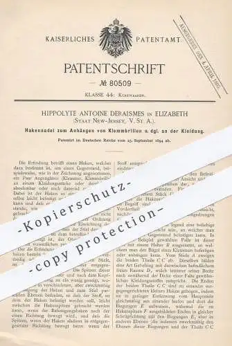 original Patent - Hippolyte Antoine Deraismes , Elizabeth , New Jersey , USA , 1894 , Hakennadel für Brillen | Brille !!