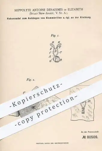 original Patent - Hippolyte Antoine Deraismes , Elizabeth , New Jersey , USA , 1894 , Hakennadel für Brillen | Brille !!